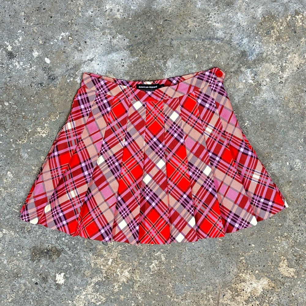 American Apparel Red Pink Plaid Mini Skirt